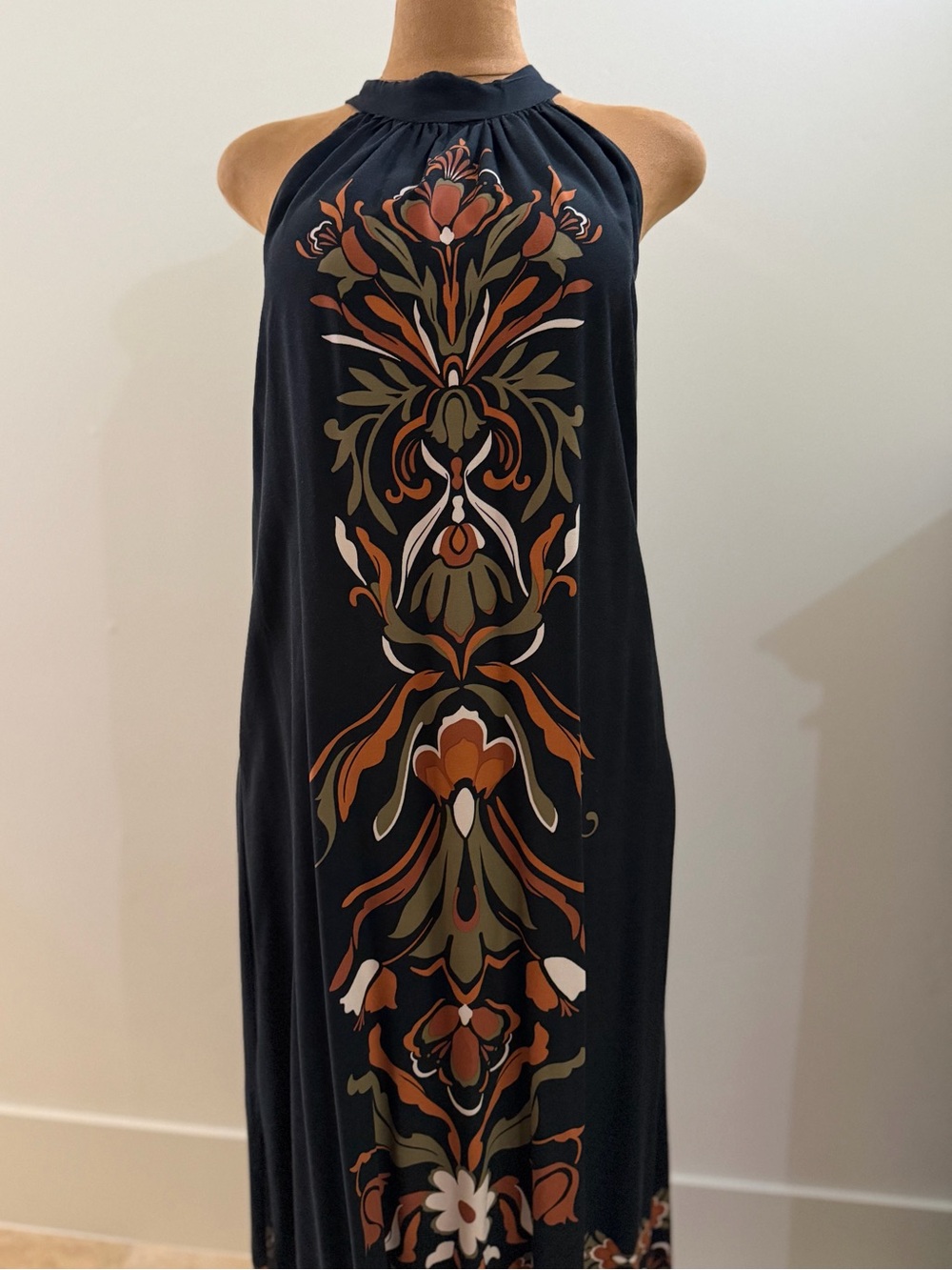 Sleeveless Black Halter Maxi Dress with Gorgeous Floral Print